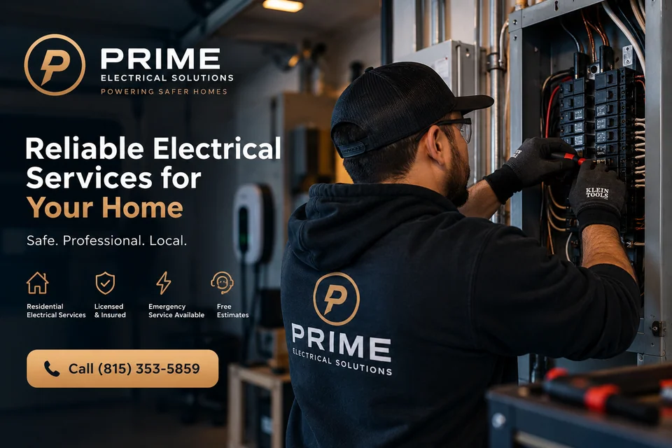 Prime Electrical Solutions promotional artwork showing an electrician working at an electrical panel.